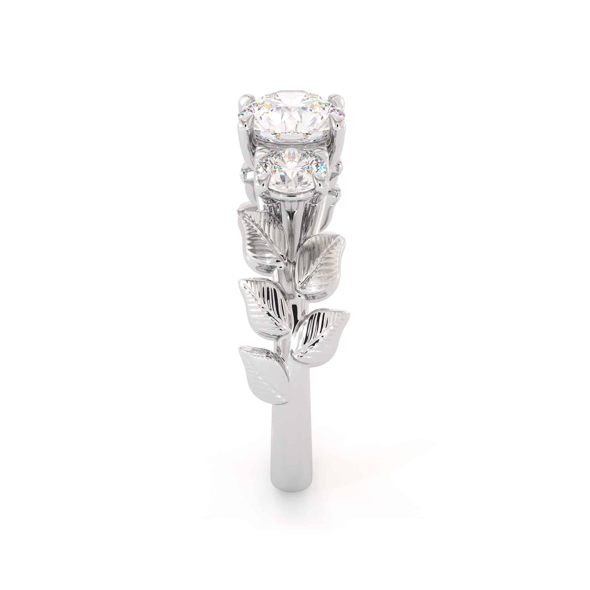 Leafy Three Stone Uniqe Prong Lab Diamond Ring